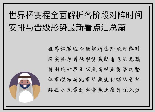 世界杯赛程全面解析各阶段对阵时间安排与晋级形势最新看点汇总篇